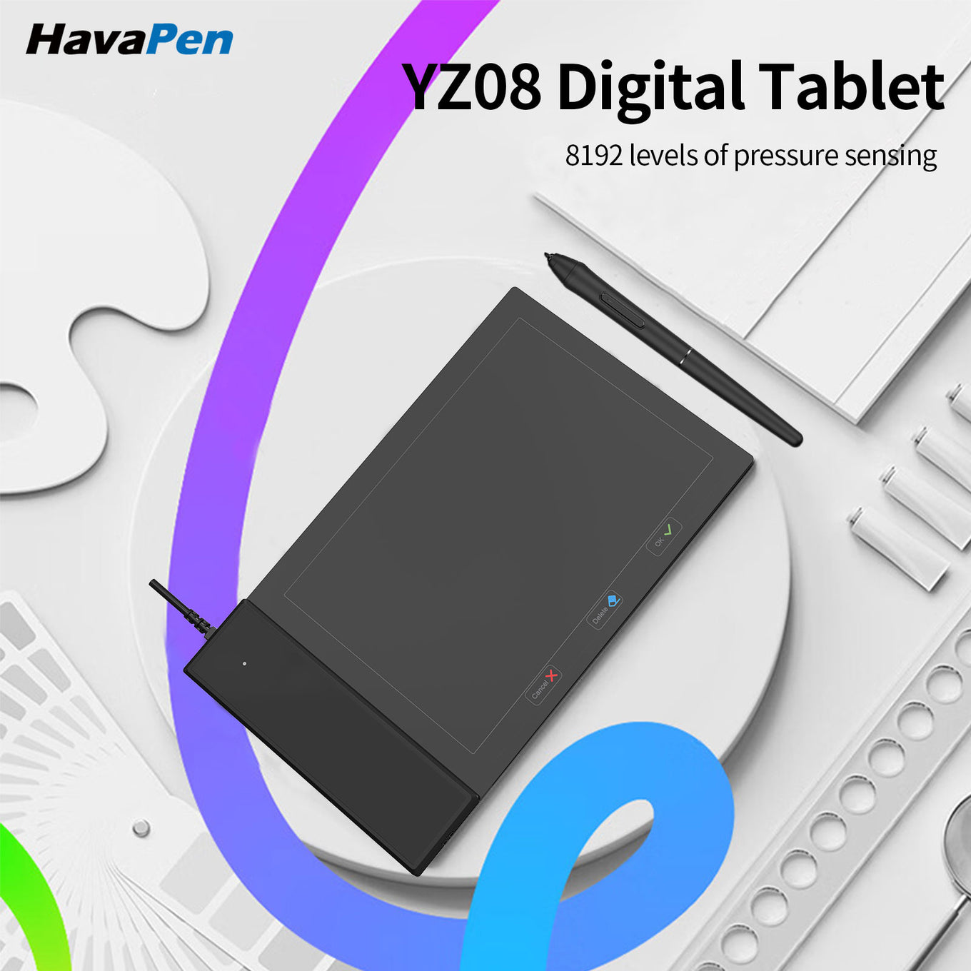Drawing tablet HavaPen YZ08 Graphics Drawing Tablet Battery-free stylus with 8192 levels of pressure 6X4-inch tablet for Windoors Mac