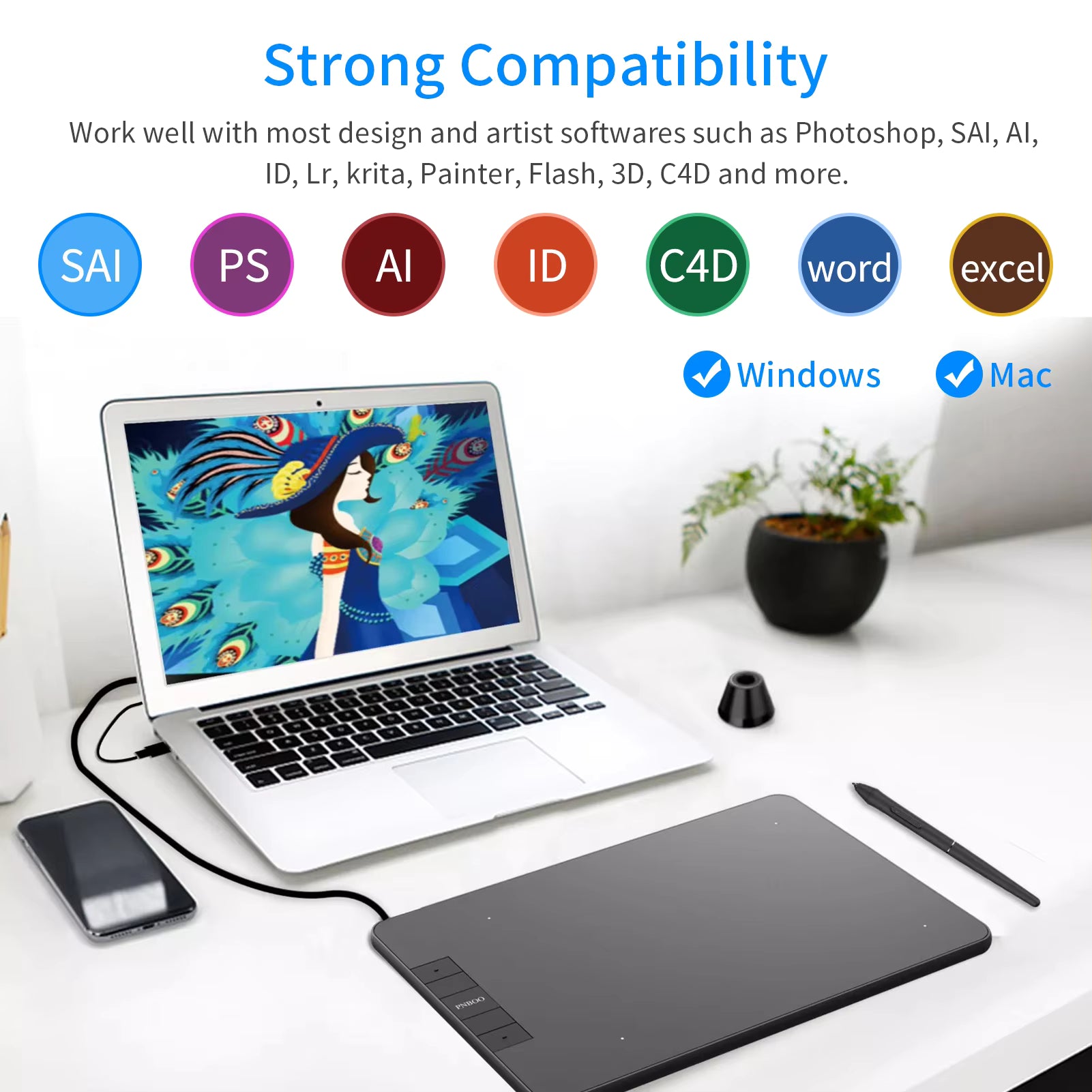 Drawing Tablet HavaPen Tablet YZ 640 with Tilt Function 4 Keys 8192 Levels Graphics Tablet for Android Mac Windows
